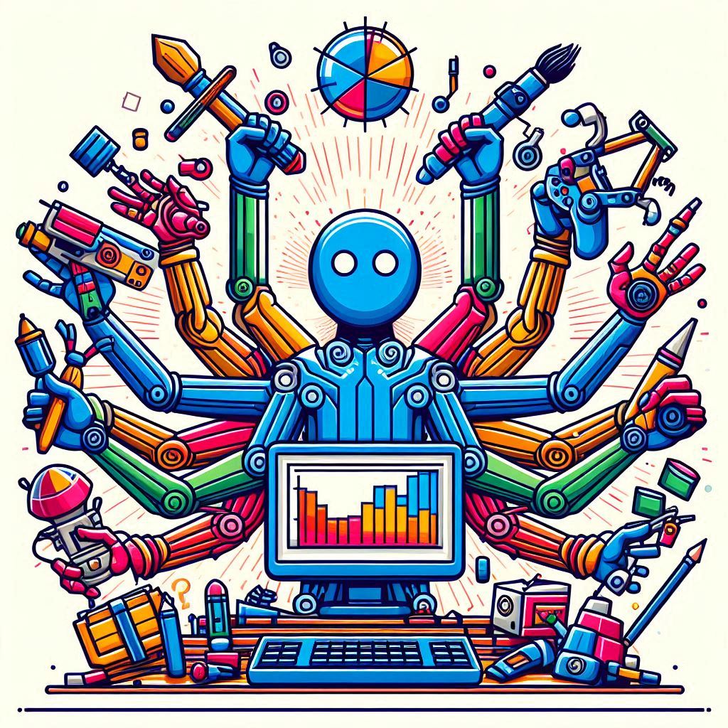 A colorful illustration of a humanoid robot with multiple arms, each holding various tools and gadgets, including a computer with a graph on the screen, a paintbrush, and a game controller, symbolizing creativity and productivity.